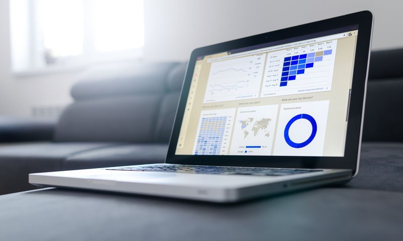 Laptop showing a business analytics dashboard with charts