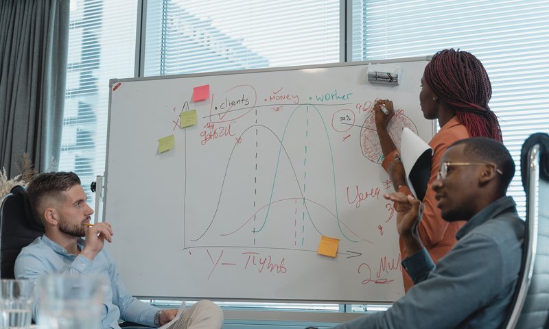 Diverse team working through strategy on a whiteboard